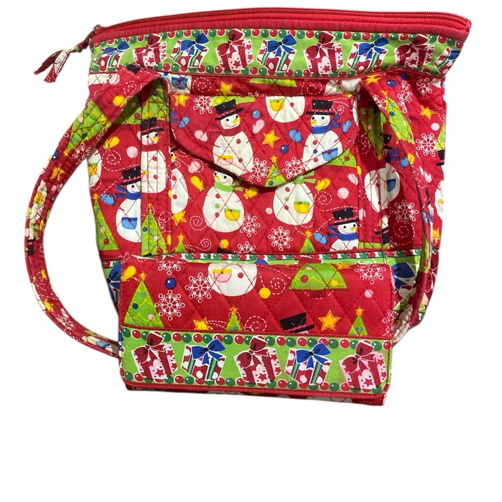 🎁 Quilted Festive Snowmen ⛄️ Red Tote Bag with Matching Wallet - Picture 7 of 8